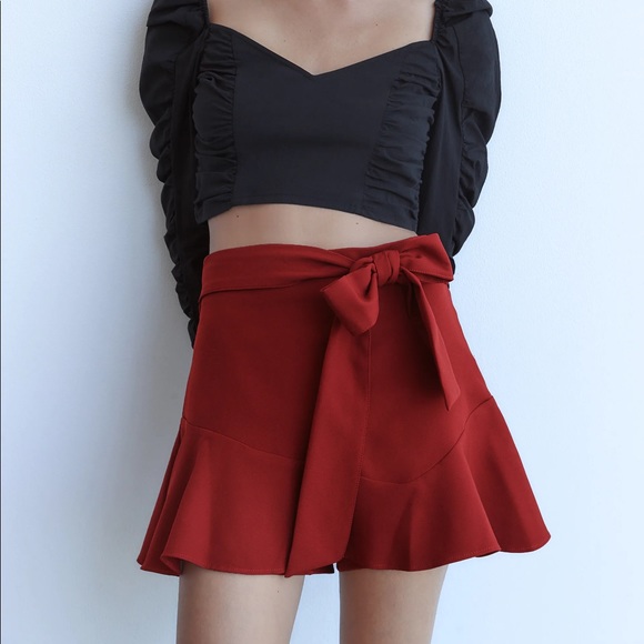 ZARA MINI SKORT WIRH BELT DARK RED M - Picture 6 of 14